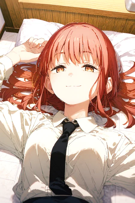 <lora:add-detail-xl:1>, (score_9_up), score_8_up, score_7_up,score_6_up, 1girl, <lora:kusaka+PDXL3-000010:1> kusaka+, <lora:mak1ma0XL_Pony_v1:1> mak1ma0, red hair, long hair, ringed eyes, white collared shirt,black necktie, bathroom, dark, half-closed eyes, smile, lying, on back, upper body