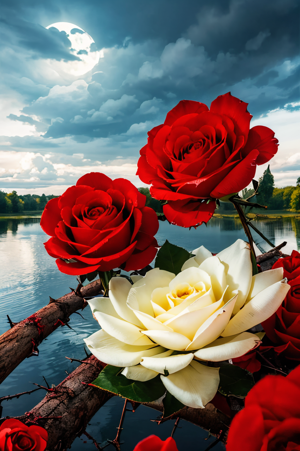 (Realistic:1.5) EdobLandscapeAlpha , river, white flower, moon, lake, red flower, evening, thorns, aircraft, white rose, cloudy sky, <lora:EdobLandscapeAlpha_v1.0:0.8>