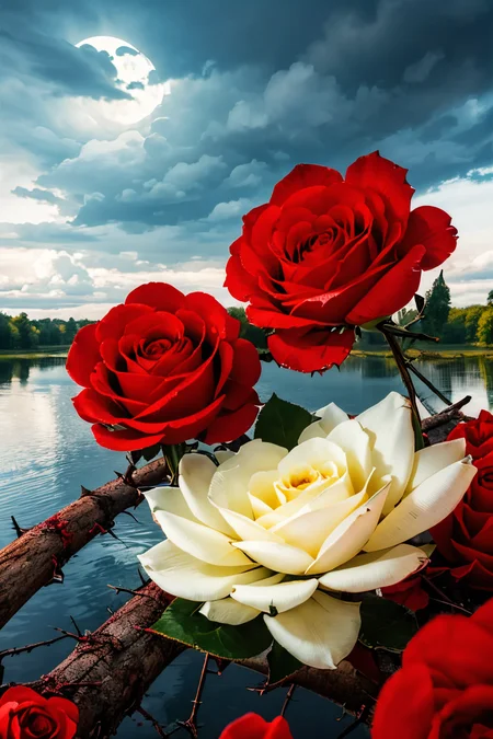 (Realistic:1.5) EdobLandscapeAlpha , river, white flower, moon, lake, red flower, evening, thorns, aircraft, white rose, cloudy sky, <lora:EdobLandscapeAlpha_v1.0:0.8>