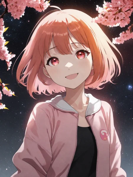 cherry Trees collage , masterpiece, best quality, frontal expression front body , bust up zoom , cute and kawaii smile , 1 girl Cherry Trees, black background, deep space , break light particle, solo, pink short hair, orange eyes, standing, pixiv award 2022, dramatic position, nice lighting, looking up,