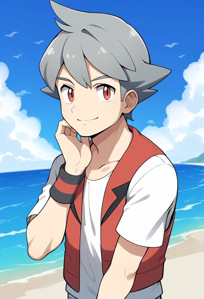 (source_anime, score_9, score_8_up, score_7_up:1), cowboy shot, 1boy, solo, grey hair, red eyes, short hair, hand on chin, red vest, white shirt, wristbands, looking at viewer, smile, outdoors, sky, beach, sea, clouds, pokemon