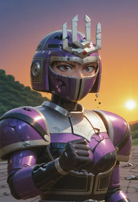 anime screencap, anime coloring,
solo, medium breasts, BREAK
Tent0u, gloves, bodysuit, (broken_helmet:1.5), broken, armor, shoulder pad, clenched fist, close up, black visor,
outdoors, road, sunset, dramatic lighting
<lora:DetailedPerfect_hands_r1:1> <lora:coveredneck_v1-000006:0.8>