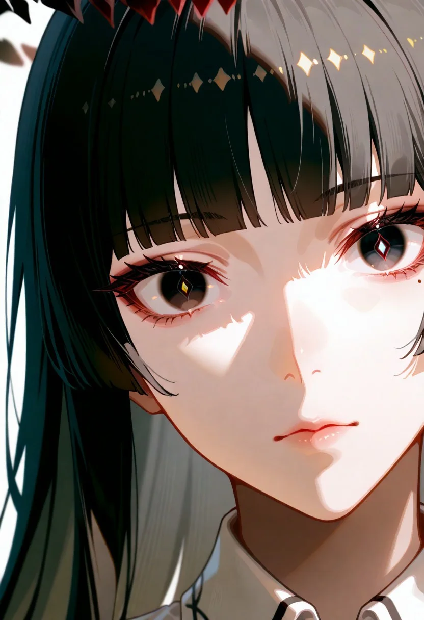 masterpiece, best quality, very aesthetic, absurdres, cinematic, perfect composition, solo, 1girl, medium breast, Virtuosa, black eyes, yellow pupils, mole under eye, very long hair, dark hair, blunt bangs, sidelocks, dark halo, broken halo, extreme eye close up, eye focus, eye reflection, wide eyed, eyelashes, blank stare, looking at viewer,