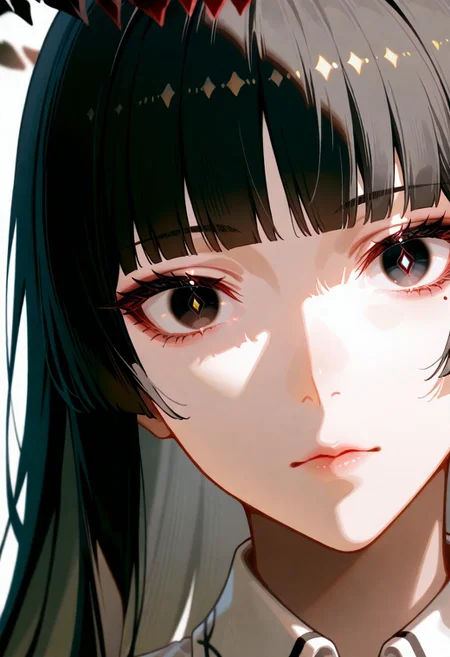 masterpiece, best quality, very aesthetic, absurdres, cinematic, perfect composition, solo, 1girl, medium breast, Virtuosa, black eyes, yellow pupils, mole under eye, very long hair, dark hair, blunt bangs, sidelocks, dark halo, broken halo, extreme eye close up, eye focus, eye reflection, wide eyed, eyelashes, blank stare, looking at viewer,