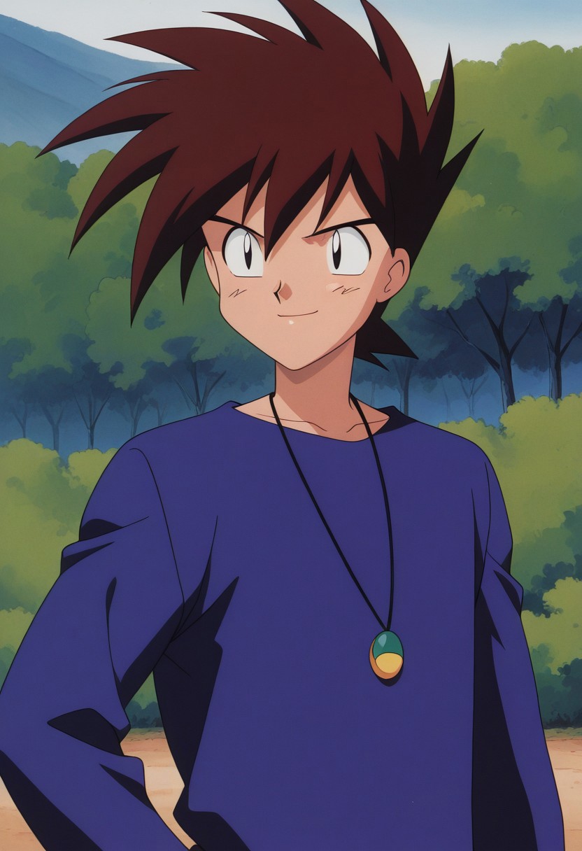 masterpiece,best quality,amazing quality, source_anime, 1990s (style), retro artstyle,
gary_kanto, 1boy, male focus, solo, black eyes, brown hair, spiked hair, shirt, purple shirt, jewelry, necklace, smile,
outdoor,