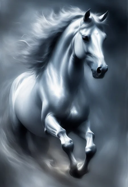 novuschroma style, a galloping horse with fluttering mane in wispy vapor