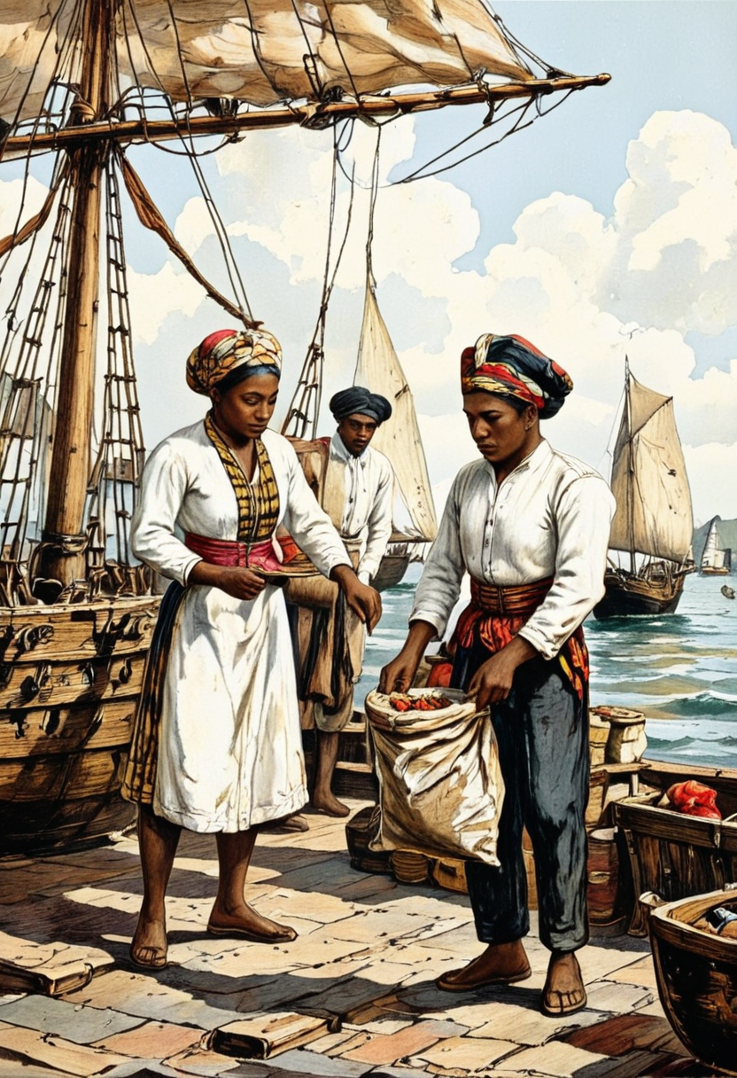 Coolies unloading spice sacks from a VOC ship at harbor., in memadukan_painter art style, 19th century indies vintage illustration by Auguste van Pers, painting