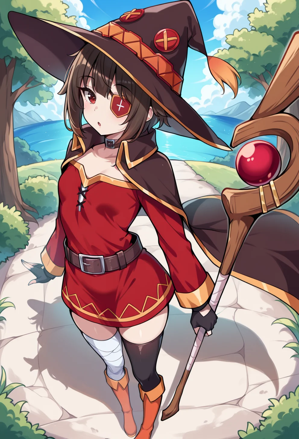 masterpiece, best quality, high quality, anime, <lora:AEMeguminIlx:1>AEMegumindef, red eyes, Brown hair, Belt choker, red dress, off-shoulder dress, Black gloves, fingerless gloves, Belt, mismatched legwear, asymmetrical legwear, bandaged leg, black thighhighs, knee boots, hat, eyepatch, Black cape,
:o, full body, holding staff, outdoors,