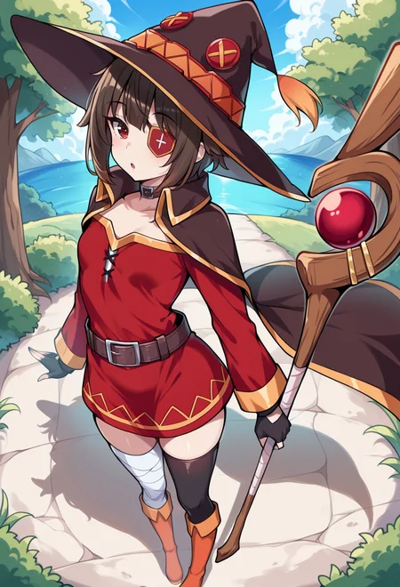 masterpiece, best quality, high quality, anime, <lora:AEMeguminIlx:1>AEMegumindef, red eyes, Brown hair, Belt choker, red dress, off-shoulder dress, Black gloves, fingerless gloves, Belt, mismatched legwear, asymmetrical legwear, bandaged leg, black thighhighs, knee boots, hat, eyepatch, Black cape,
:o, full body, holding staff, outdoors,