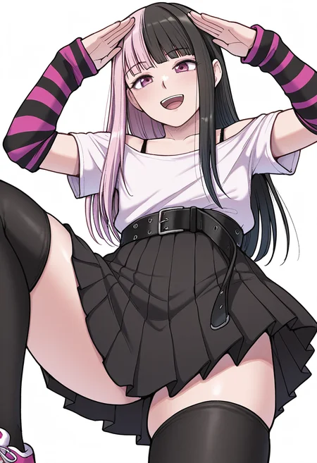 Smooth Quality,masterpiece,very intricate, high quality details, ultra realistic, high detailed skin,detailed enviorement,absurdres,
simple background, white background, dancing,skindentation, solo,from below,salute,
<lora:DangerousBitch_Femboy_CNR:0.8> dangerousfemb_cnr, 1boy,androgynous,pink hair,split-color hair, black hair, long hair, blunt bangs, pink eyes, otoko no ko,
black off-shoulder shirt, short sleeves, shirt tucked in,pleated skirt, belt, thighhighs,striped arm warmers,bra strap,sneakers,, kubrick stare,, :d,