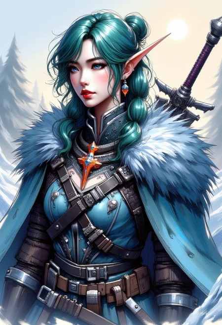 FFAOR, inksketch, 1woman, Frost Blue armor, sky blue eyes, orange glowing sword, cherry red lips, pine green hair, beautiful