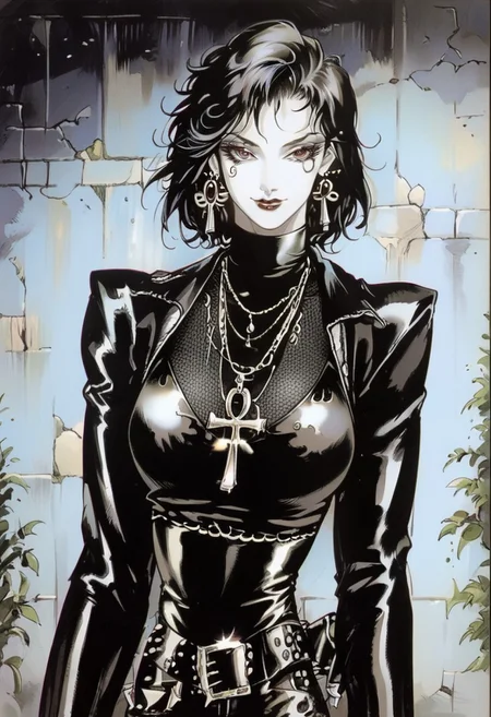 score_9_up, score_8_up, score_7_up, sad 1girl, dark theme, low light, character focus, dinamic composition, best quality, 1990s \(style\), noir, kojima ayami, perfect anatomy, hand on hip, looking at viewer, smile, calling with the finger BREAK Ladydeath, chainmail top, seethrough top, leather pants, egyptian cross on necklaces, goth make up, messy hair, pale skin, eye of ra, thight clothes, BREAK night, street light, alley