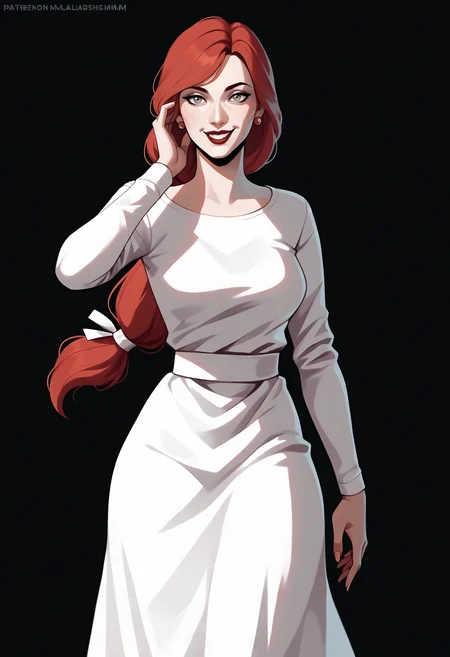 score_9, score_8_up, score_7_up, score_6_up, score_5_up, score_4_up,
BREAK
1girl, abella funger, red hair, grey eyes, low-tied long hair, long hair, hair ribbon, tied hair, swept bangs, smile, adult, mature,
BREAK
solo, standing, white dress,
BREAK
black background, simple background, dynamic pose, dark, <lora:Lunas-Abella-Funger-SDXL-A1:1> <lora:Lunas-MarmaladeMum-SDXL-A1:1>
