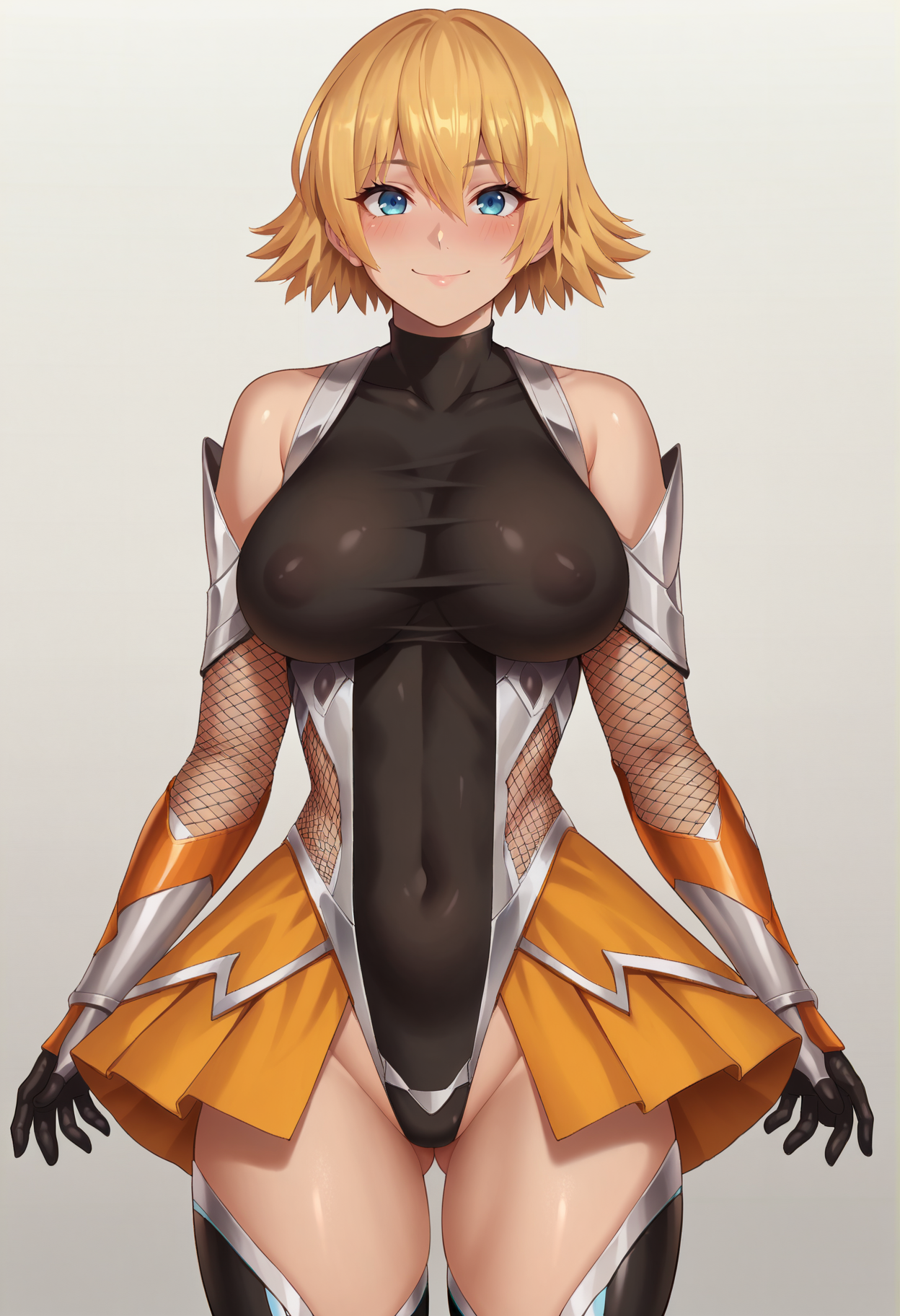 score_9, score_8_up, score_7_up, score_6_up, source_anime,
1girl, solo, (konno tohiro:0.7),
standing, 
looking at viewer, smile, blush,
Igawa_Sakura_SK
blue eyes, blonde hair, short hair, 
taimanin suit, impossible leotard, showgirl skirt, highleg leotard, fishnets, turtleneck, thighhighs, elbow gloves, bare shoulders, 
simple background, white background, 
<lora:Igawa_Sakura_SK:1>