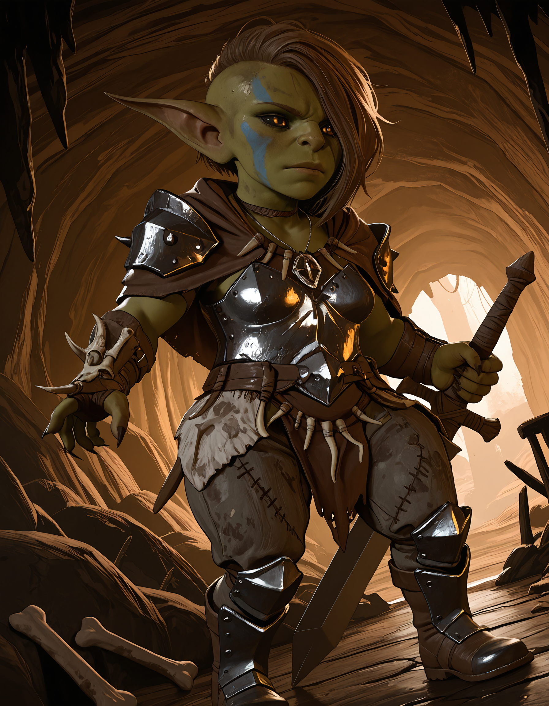 masterpiece, best quality, amazing quality, very aesthetic, absurdres, newest,volumetric lighting, <lora:BG3_GoblinStyleGTb:0.75>, bg3gobbostyle, (shortstack:1.1), indoors, cave,
1girl, female goblin, colored skin, green skin, pointy ears, hair over one eye, black sclera, orange eyes, blue facepaint, dirty, small breasts, bone neckwear, capelet, armor, pauldrons, dutch angle, loincloth, patchwork pants, boots, bone gauntlets, holding weapon, sword, absolute pendant, necklace, action pose,  sharp nails,