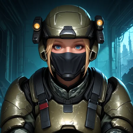 Masterpiece, high-res, 2k, best quality, 2.5d, realistic, 1 girl , fem marine, helmet, headlight , armor, blonde hair, blue eyes , realistic, military, gray camouflage, black balaclava, face cover , scifi , medium shot, in a destroyed city<lora:fem_marine_illus-000049:1> Whispering Secrets: Lean in towards the camera as if sharing a secret and lower your voice. This pose creates intimacy and intrigue.