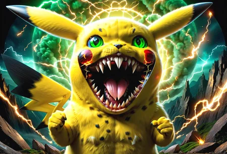 psychedelic surrealisms, long exposure, 3D full body Pikachu who sticks out his long tongue, LED-green eyes, with huguemonic angry smile and sharp teeth, fingers and claws, <lora:helios:0.7> golden ratio <lora:middle_finger:1>. perfect design, sharp foreground, rich colors . amazing depth, double exposure, perfect balanced, deep fine borders, smooth, educed details, extra digits, strong geometric shapes, masterpiece, (wide angle view, ultra-wide angle perspective), contrast shadows, (center composition, symmetry balance), (high detail face, high detail skin), dynamic pose, sharp focus, reduced details; old wax brush/eraser pen