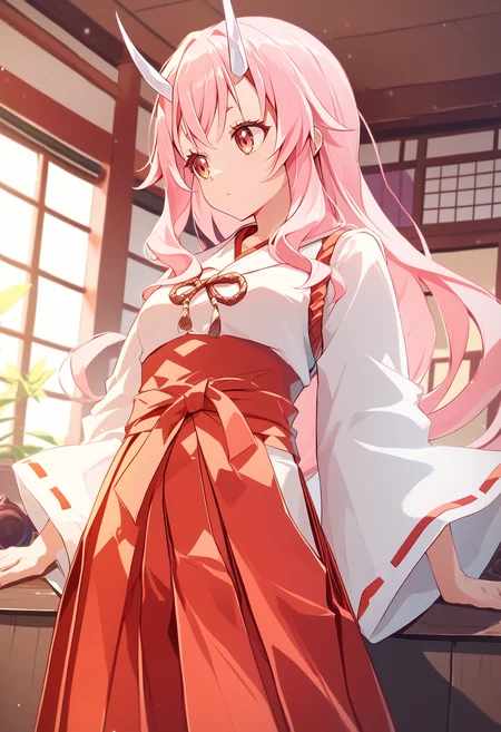 shuna \(tensei shitara slime datta ken\), white horns, 1girl, japanese clothes, pink hair, long hair, miko, hakama, indoors,
score_9, score_8_up, score_7_up, masterpiece, best quality
<lora:oni_girl_concepts_v2:1>