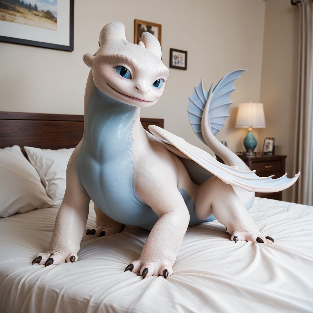 score_9, score_8_up, score_7_up, score_6_up, score_5_up, score_4_up, masterpiece, high quality, realistic, detailed, best quality, white bed, solo, rating_safe, source_furry, bedroom, smiling, seductive, looking at viewer, on bed, full body, nubless_httyd, dragon, white scales, wings, tail, female, 1girl, blue eyes, feral