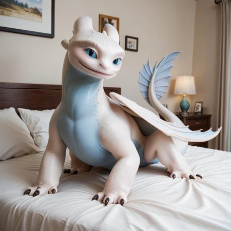 score_9, score_8_up, score_7_up, score_6_up, score_5_up, score_4_up, masterpiece, high quality, realistic, detailed, best quality, white bed, solo, rating_safe, source_furry, bedroom, smiling, seductive, looking at viewer, on bed, full body, nubless_httyd, dragon, white scales, wings, tail, female, 1girl, blue eyes, feral