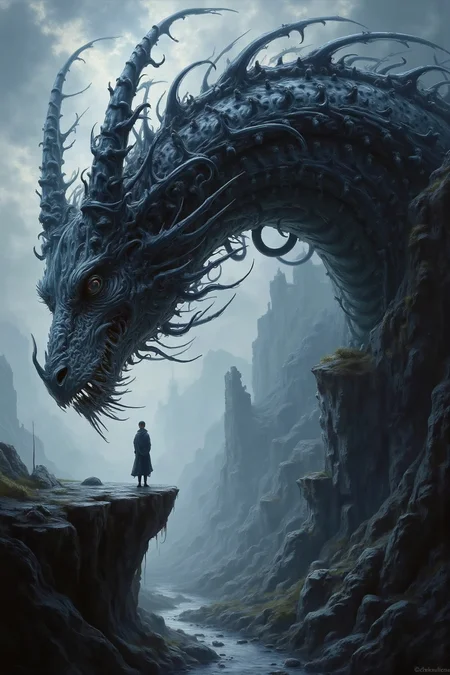 Acrylic, Translucent style, Masterpiece, absurdres, A dark ominous dragon looms over a lone figure on a cliff with a dramatic moody atmosphere and a low-angle perspective.