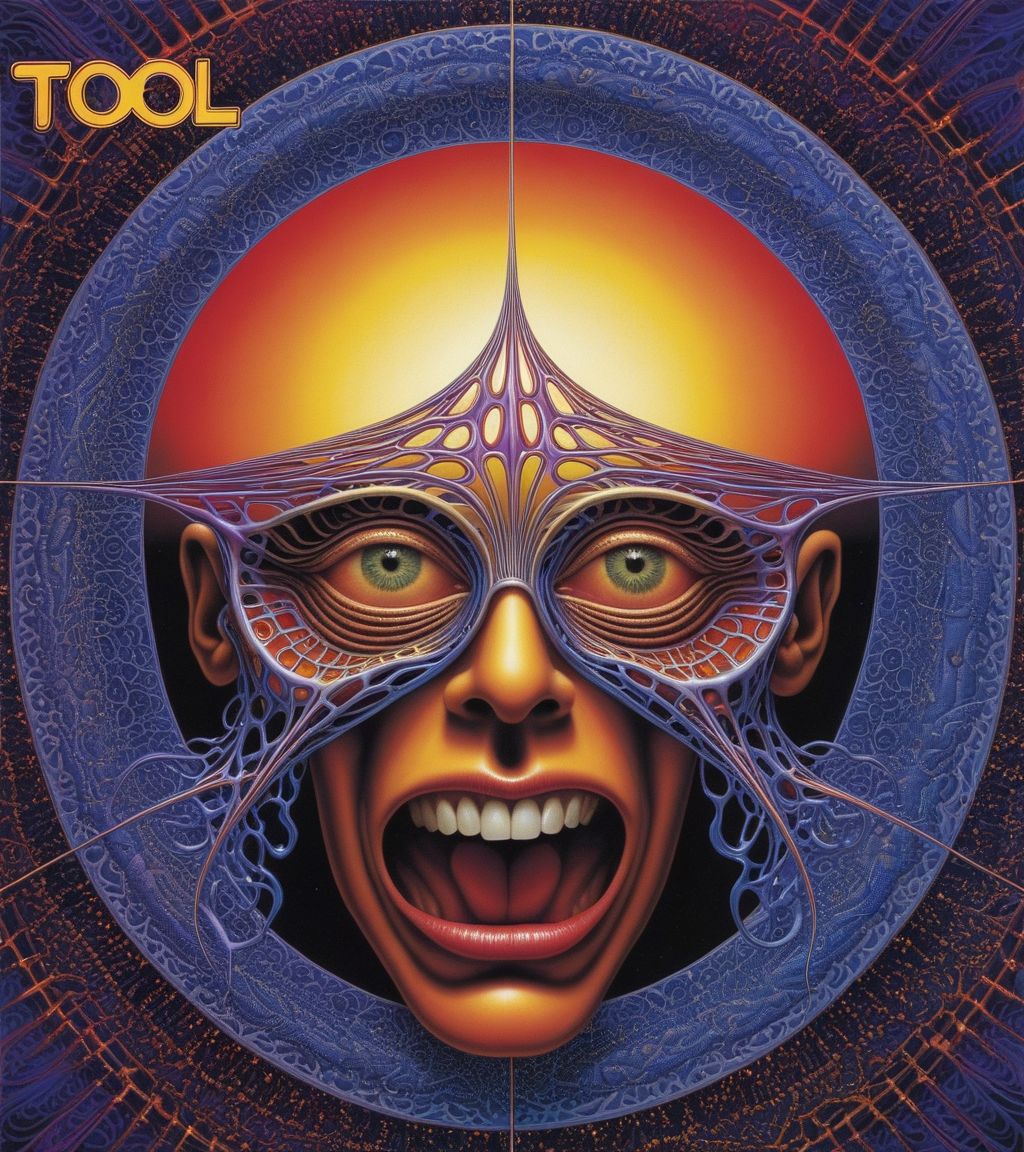 Tool Metal album cover, style by Alex Gray, (write text: "TOOL")