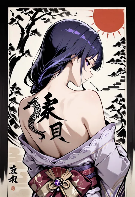 masterpiece,best quality,amazing quality,newest,absurdres,highres, newest,very awa, ,sumi-e ,ink wash painting,
from behind, upper body,
1girl, beautiful face, perfect eyes, detailed eyes,mature female, Shogun Raiden,
purple hair, purple eyes, looking at viewer, 
dragon tattoo,cherry blossom,tsumami kanzashi, ิpurple kimono,kimono pull ,neck focus,
,intricate details, dark background, (painting background:1.4),(red sun),egasumi ,ink stroke, (calligraphy:1.5) ,tree