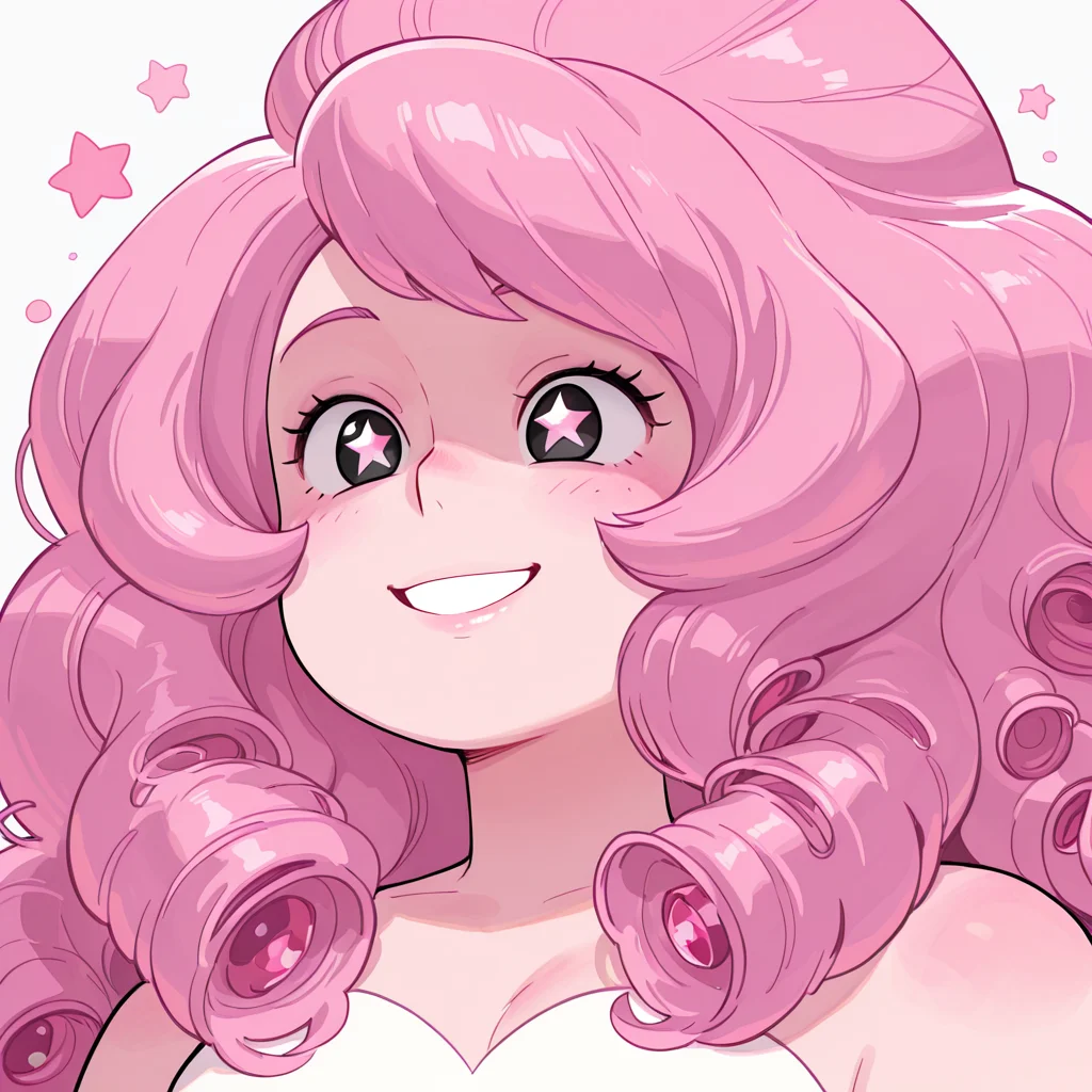 masterpiece, best quality, very aesthetic, absurdres, 1girl, solo, Rose_quartz, long hair, pink hair, curly hair, black eyes, white dress, portrait, face focus, star eyes, happy, smiling, blushed,
<lora:Smooth_Booster:0.25>, <lora:Rose_Quartz_SU__Illustrious:1>, <lora:HerrscherAGGA2025_COLIG_ST-IL_V2:1>