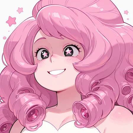 masterpiece, best quality, very aesthetic, absurdres, 1girl, solo, Rose_quartz, long hair, pink hair, curly hair, black eyes, white dress, portrait, face focus, star eyes, happy, smiling, blushed,
<lora:Smooth_Booster:0.25>, <lora:Rose_Quartz_SU__Illustrious:1>, <lora:HerrscherAGGA2025_COLIG_ST-IL_V2:1>