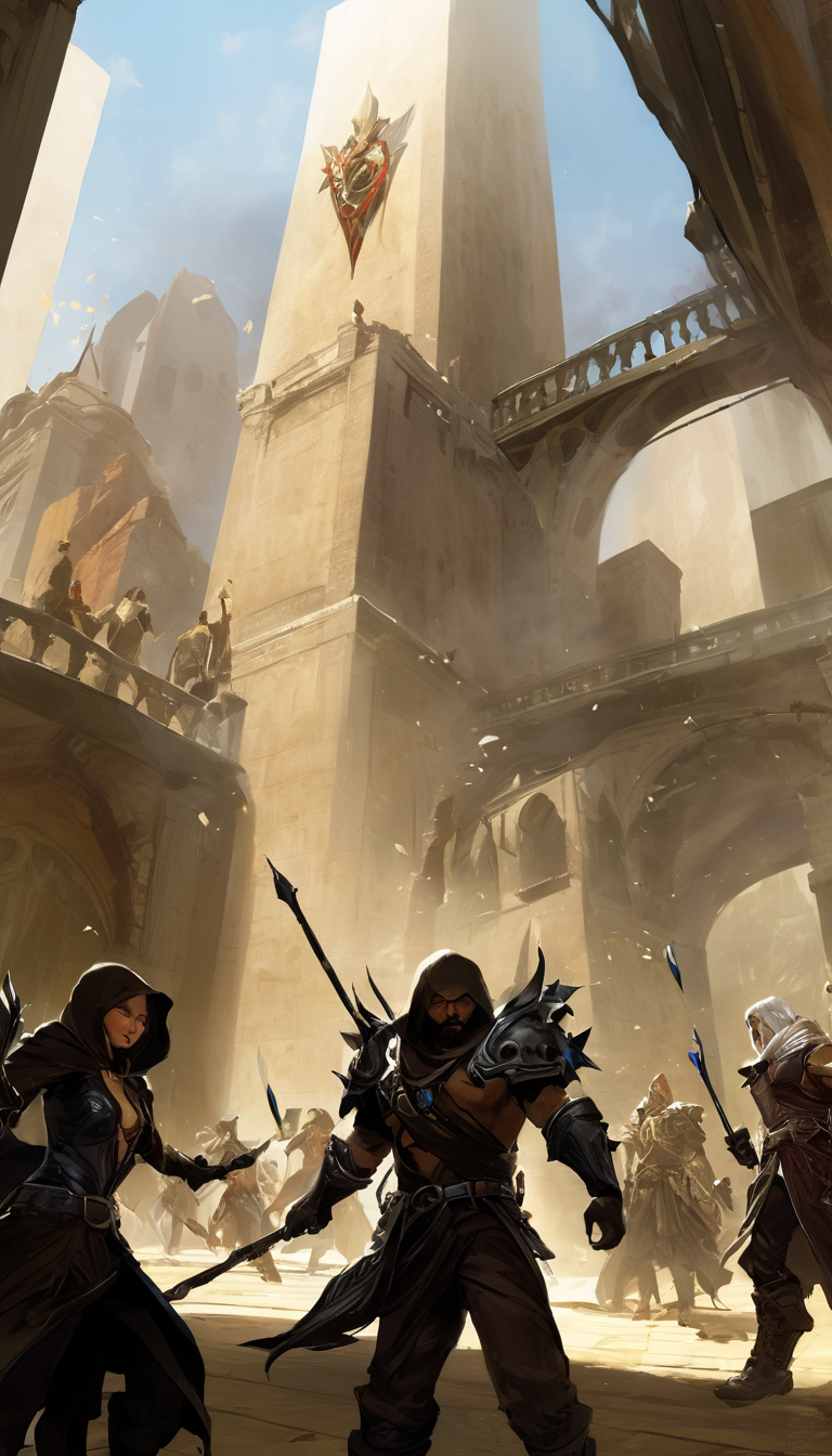 Cinematic scene, hero view, a band of thieves infiltrate a secretive organization of mages, determined to uncover their secrets and expose them to the world, action pose, masterpiece, best quality, high quality, highres, absurdres, vivid, Guild Wars 2 <lora:guild_wars_xl_v4:1>