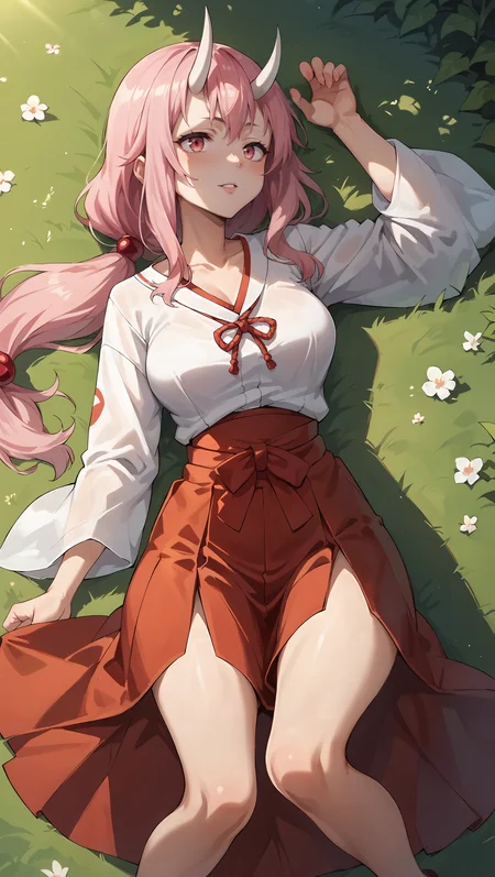 score_9,score_8_up,score_7_up,score_6_up, source_anime, zPDXL, <lora:Shuna - Pony-000004:0.7>, girl, low-tied long hair, pink hair, white oni horns, pink eyes, miko, red hakama, <lora:Wakfu_CartoonV02:0.5>, <lora:xl_more_art-full_v1:0.5>, lying on back, meadow, tall grass, open field, light rays,
