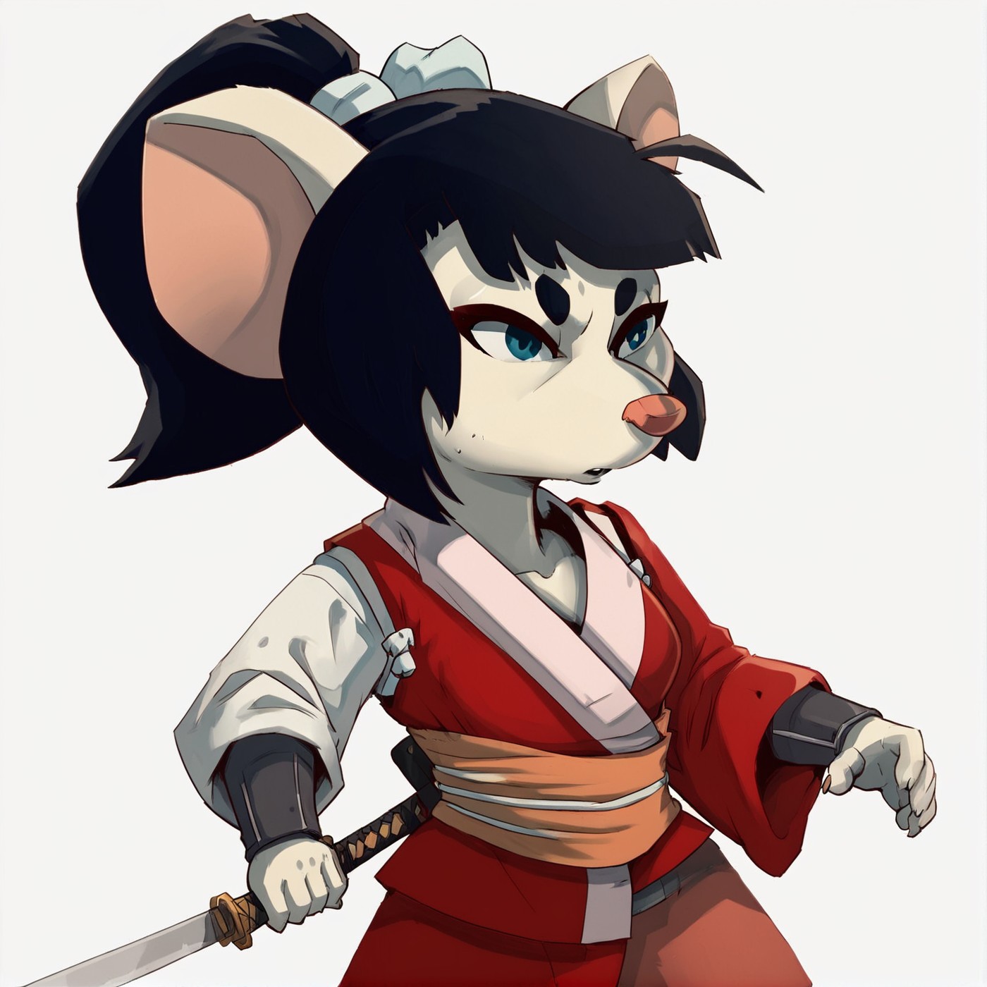 score_9,score_8,score_7,source_furry,
<solo:1.5>,
<1girl:1.5>,
1girl, akane_curse_sea_rats, akane_rat, black hair, blue eyes, braid, furry, furry female, holding weapon, japanese clothes, katana, rat girl, sword, white background,
<lora:Akane_Curse_of_the_Sea_Rats:1> akane_curse_sea_rats
