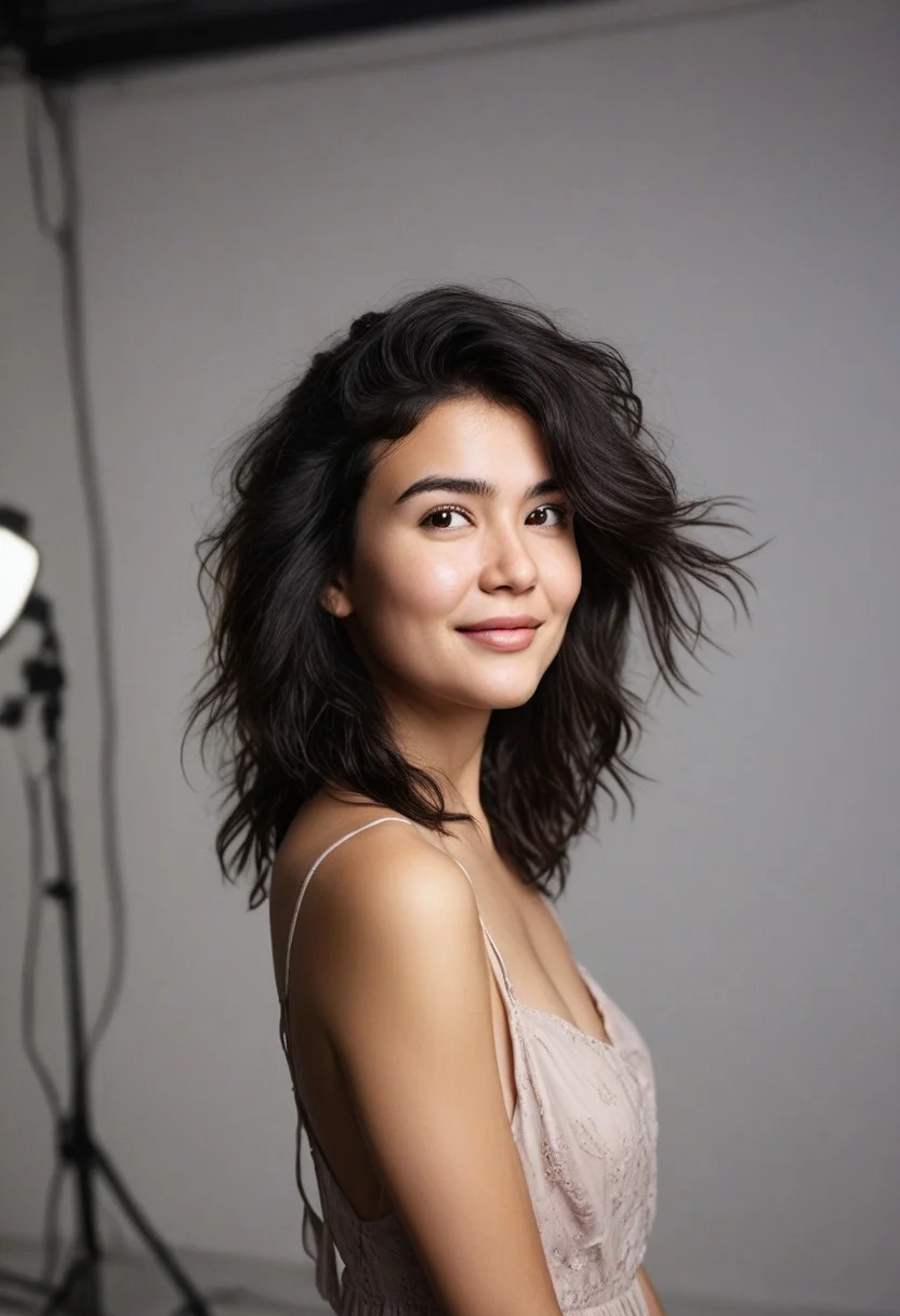 30yo american woman in a photostudio
Modeling High cut, high Quality Dress.
Slight makeup, heavy rimmel. Clear skin.  realistic skin style
Black dark Long messy stylish hair. 
Shooting light, indors, cable light
Studio background.
Smiling, with mouth closed. Smirk.
Bokeh. Heavy Bokeh light.
Tilt head, hand on hair. Shy.