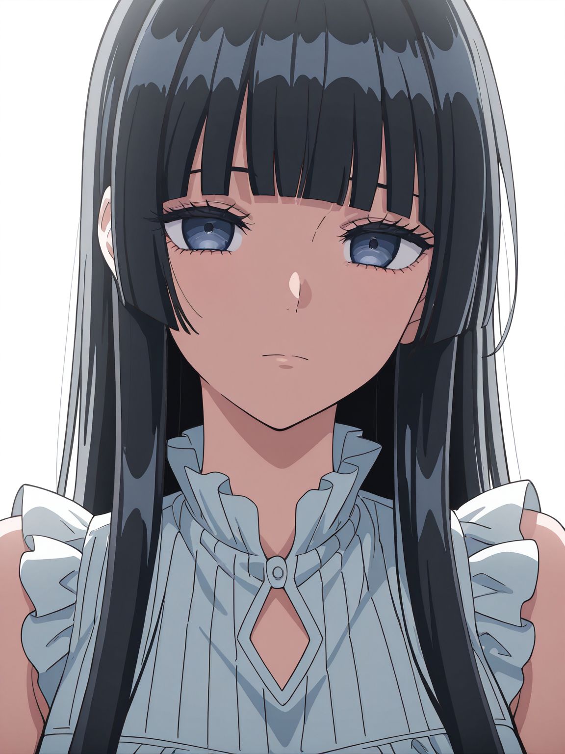 masterpiece,best quality,amazing quality,very aesthetic,absurdres,newest, huge filesize,
<lora:spo_sdxl_10ep_4k-data_lora_webui:0.5>,2d,anime,anime coloring, 
<lora:add-detail-xl:1>
<lora:Raise_wa_Tanin_ga_Ii:1>
Raise ,
solo,
1girl,long hair,black hair,
white background,bangs,
simple background,upper body,
sleeveless,looking at viewer,
frills,closed mouth,
blunt bangs,r_tsubaki,