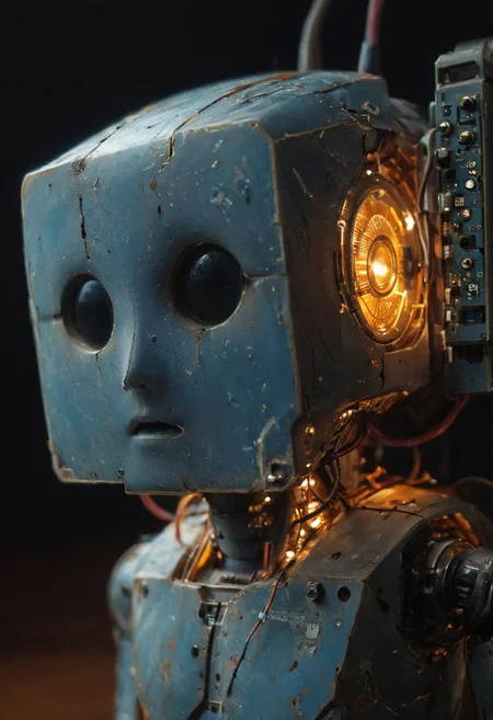 Capture the intricate perfection of an bot in an extreme close-up: its metallic, angular face reveals detailed high-tech parts exposing translucent circuit boards, light-wires, and circuits delicately shimmering. The deep eye sockets resemble translucent bright blue/orange and luminous galaxy colored suns, infinitely deep and interesting. deep dark background, illuminated from within,
atmospheric haze, Film grain, cinematic film still, shallow depth of field, highly detailed, high budget, cinemascope, moody, epic, OverallDetail, gorgeous, 2000s vintage RAW photo, photorealistic, candid camera, color graded cinematic, eye catchlights, atmospheric lighting, skin pores, imperfections, natural, shallow dof