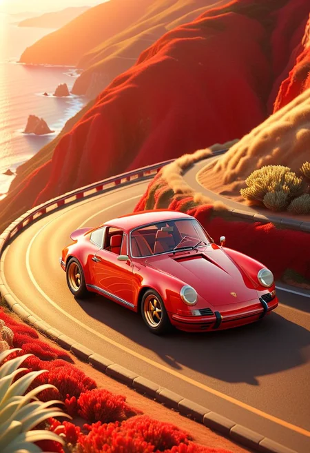 ispzxll, diorama, isometric, miniature, volumetric lighting style, intricate details, ultra-detailed, man and blonde woman driving a red porsche sports car through winding roads, cliffside to ocean, golden hour, long shadows, clear sunny day, 8k