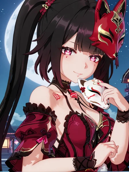 detailed background, shiny skin,
<lora:hisparkle.pony:1>,
hisparkle, bbb,
half-closed eyes, looking at viewer, glowing pupils, naughty face, from side, light frown, smirk,
holding mask, mask on hand, fox mask,
night,
large breasts,