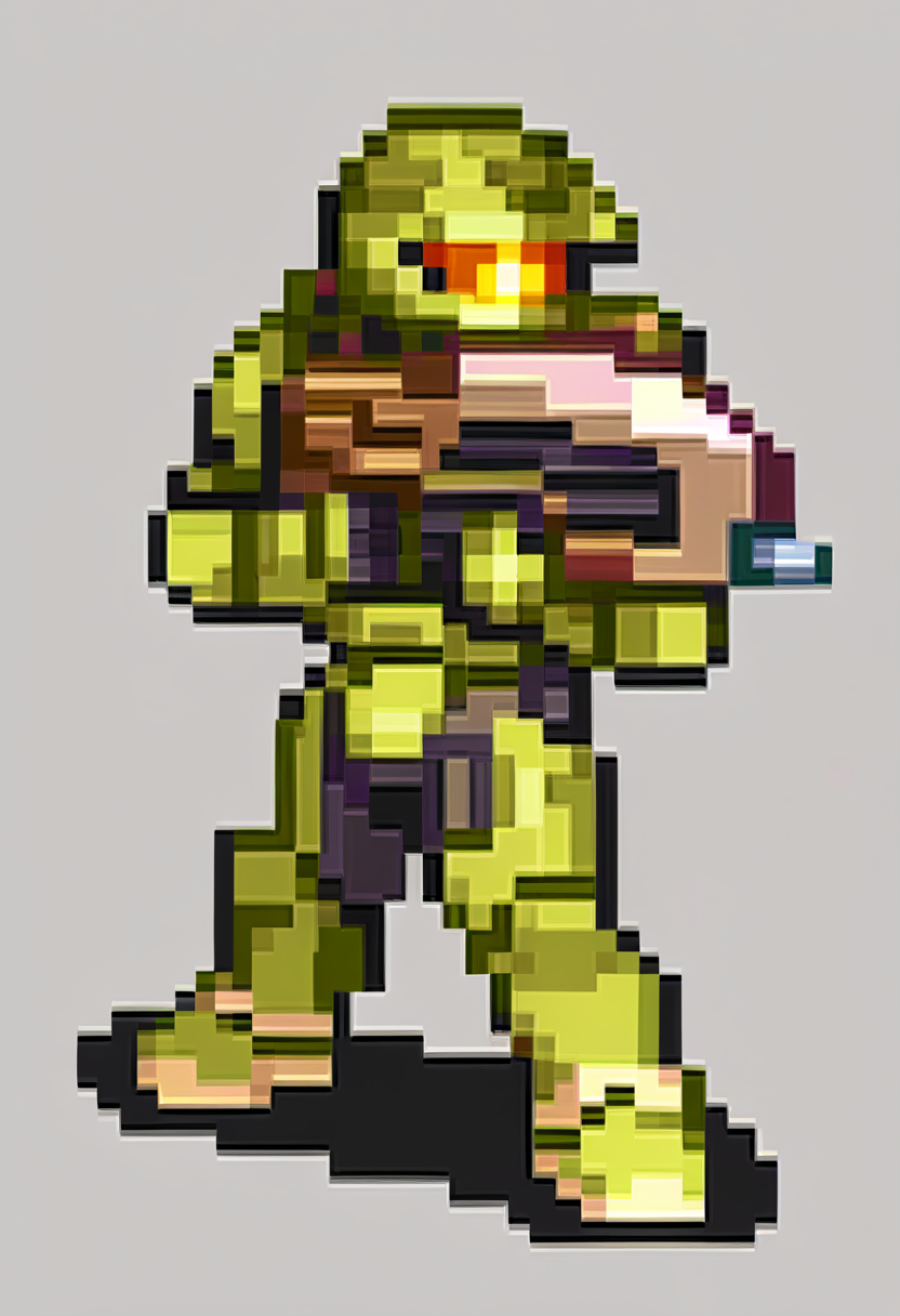score_9, score_8_up, score_7_up, source_anime, BREAK, solo, 1boy, full body, standing,  <lora:FEGBA-SpritesV2-pdxl_Fp:1>, simple background, pixel art, <lora:masterchief-halo-richy-v1_pdxl:1>, masterchief, helmet, visor, power armor, assault rifle, holding,