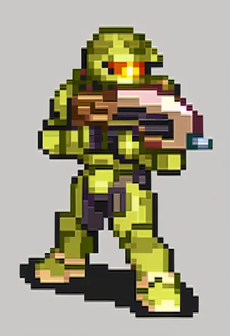 score_9, score_8_up, score_7_up, source_anime, BREAK, solo, 1boy, full body, standing,  <lora:FEGBA-SpritesV2-pdxl_Fp:1>, simple background, pixel art, <lora:masterchief-halo-richy-v1_pdxl:1>, masterchief, helmet, visor, power armor, assault rifle, holding,