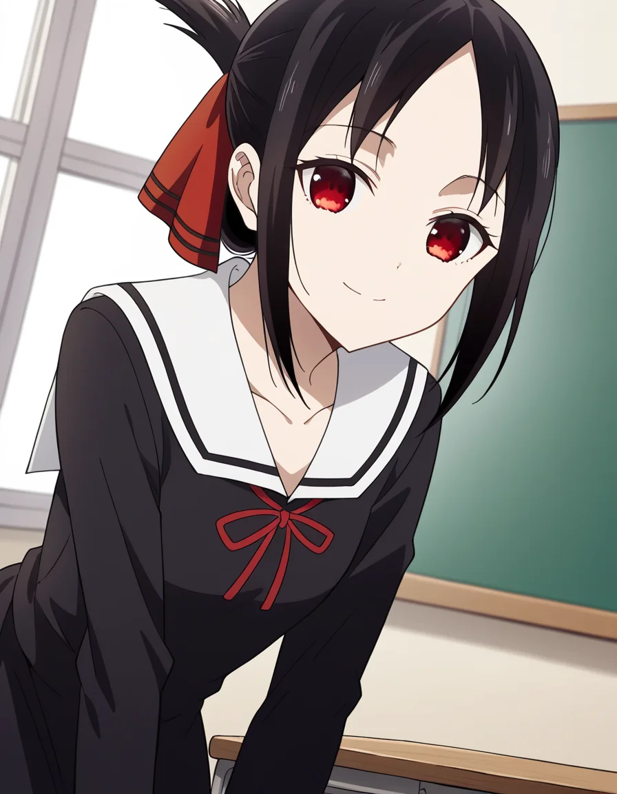 score_9, score_8_up, score_7_up, source_anime,
kaguyashinomiya, <lora:kaguya-shinomiya-s3-ponyxl-lora-nochekaiser:1>,
kaguya shinomiya, short hair, bangs, black hair, red eyes, hair ribbon, sidelocks, folded ponytail, parted bangs,
long sleeves, dress, ribbon, school uniform, collarbone, black dress, sailor collar, white sailor collar, red ribbon, neck ribbon, shuuchiin academy school uniform,
indoors, classroom, bent over, smile,
looking at viewer, cowboy shot, dutch angle, solo,