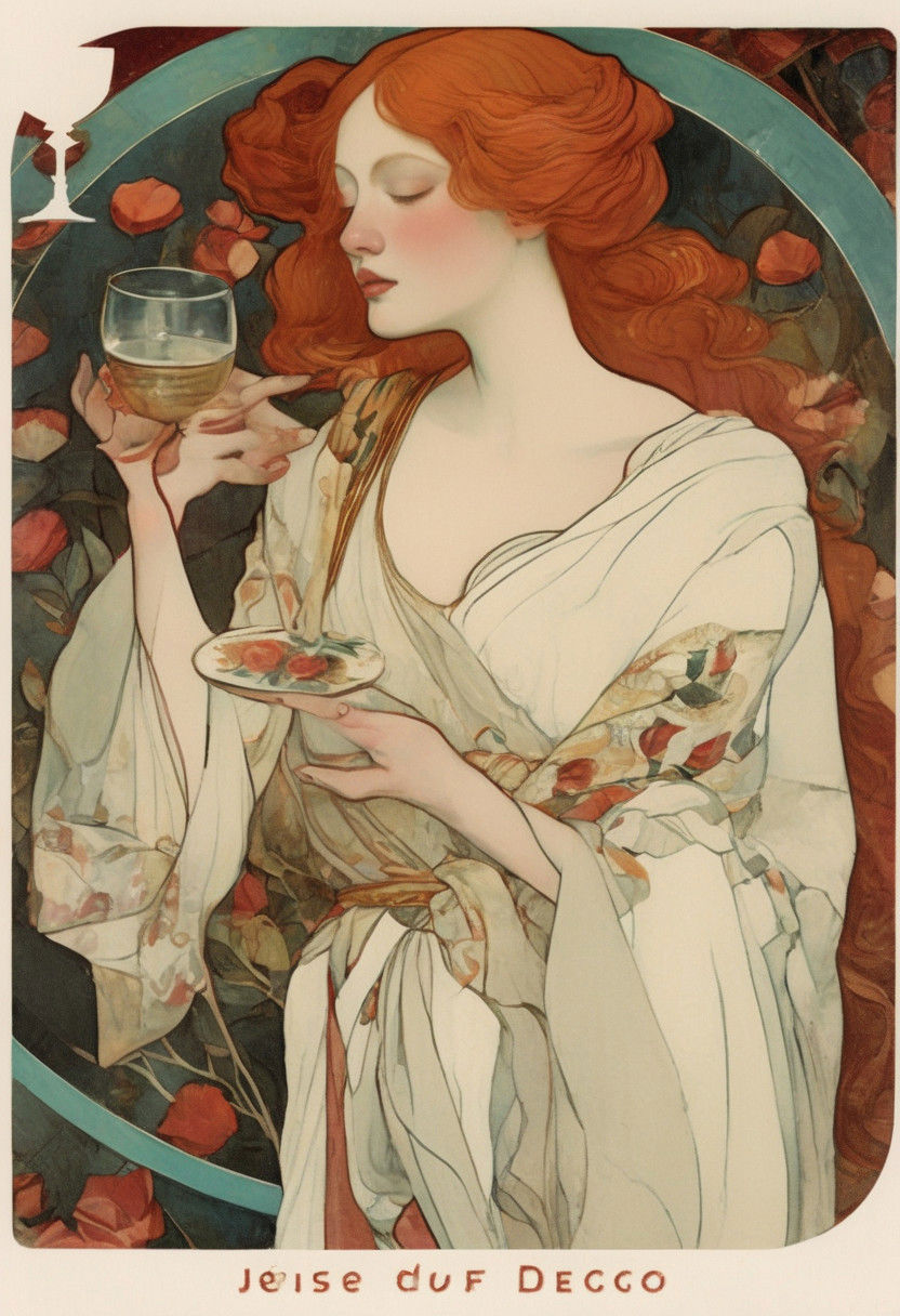 art déco, ((rose petals)), ((courtesan)), pale female with wild red hair, revealing greek tunic, (((curved dagger in hand))), bloody hands, mesmerizing gaze, laying on roses and blood, glass of red wine,