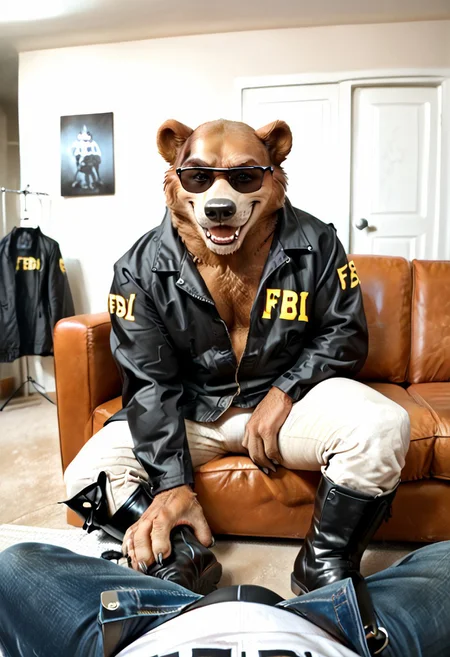 (Furry), (Grizzly Bear), male, chubby, fat, chest hair, evil grin, facial hair, (((toeless boots))), ((nice feet paws with claws)), FBI_outfit, FBI jacket,
fur coat, jeans, bulge, big belt, brown belt, black boots, black sunglasses,
sitting down, legs crossed,
red couch, concrete room
ray tracing, photo realistic, good shadows, Zaush, Meesh, solo focus, wolf pov, (pov),