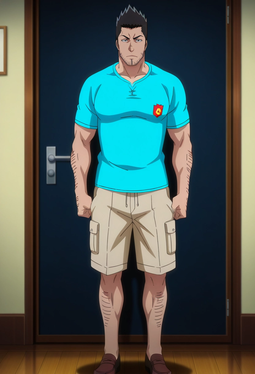masterpiece, best quality, , anime screencap, anime coloring, , , 1boy, solo, male focus, <lora:isshin_kurosaki_ilxl:1>, isshin_kurosaki, black hair, black eyes, short hair, spiked hair, facial hair, stubble, beard, , Pleated khaki shorts, Henley thermal shirt, Penny loafers, Tophat with a veil,