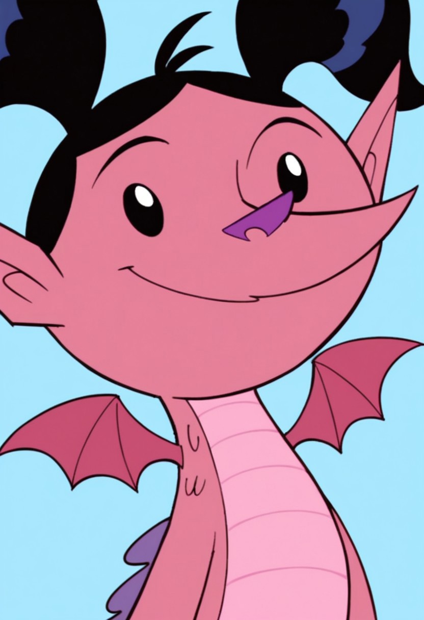 score_9, score_8_up, score_7_up, Expressiveh, masterpiece, best quality, highly detailed, realistic, zPDXL3, 1girl, solo, (HaleyLongDG, female furry, furry, anthro, dragon, scalie, black hair, twintails, black eyes, white pupils, purple nose, pink body, pink scales, small wings, pink wings, pointy ears, tail, claws, 4 fingers, ((close-up, upper body, standing)), smile, closed mouth,  blue background, simple background, (looking at viewer), waving