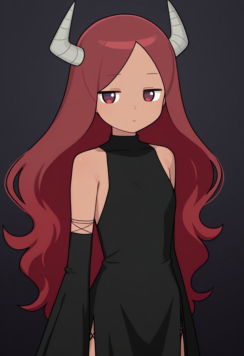 masterpiece, best quality, 32k, high resolution, absurdres, maou, 1girl, solo, bare shoulders, closed mouth, looking at viewer, black dress, sleeveless dress, expressionless, detached sleeves, jaggy lines