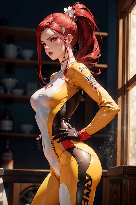 gunslinger, (masterpiece:1.2, best quality, highres), (1girl, solo), nsfw, (red hair), red eyes, ponytail, medium breasts, angry, ((((yellow racing suit))))