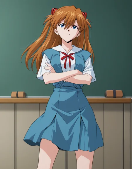 official style,Souryuu Asuka Langley,gunbuster pose,crossed arms,open stance,spread legs,(standing:1.32),cowboy shot, tokyo-3 middle school uniform,classroom,chalkboard,(anime screencap), 2d cel anime,anime cap,anime,anime style,anime cel,cell shaded,soft brightness,perfect face,perfect nose, perfect hair, perfect eyes,perfect female body,perfect skin,a face of perfect proportion,perfect lighting,perfect anatomy,perfect proportion,perfect hands,perfect legs,perfect fingers,masterpiece,hair between eyes,breasts,perky breasts,best quality,very aesthetic,absurdres,16k,intricate detail,amazing quality,(bold:3.12),thick outline,black outline,harsh lines,soft lines,deluster,boldline,curvy,(anime coloring:1.2),anger,slim,looking at viewer,super fine illustration,detailed linework,vibrant colors,kawaii,flat color,(hat:-1), <lora:æ°ä¸ç´ã¨ã´ã¡ã³ã²ãªãªã³æ£æµã¢ã¹ã«ã©ã³ã°ã¬ã¼è²æ¬ç¾©è¡é¢¨Neon_Genesis_EvangelionSouryuu_Asuka_LangleySadamoto_Yoshiyuki_Style-000021:1:0.8>
