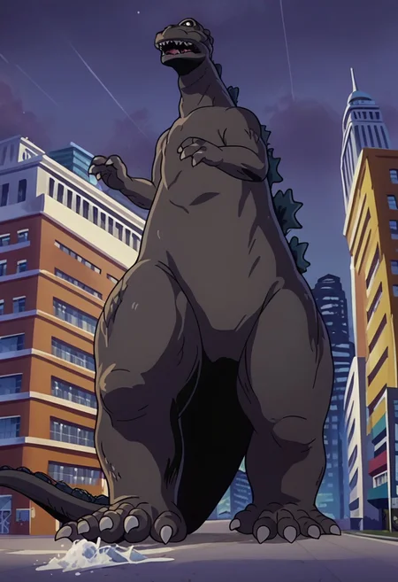 score_9_up, score_8_up, score_7_up, source_anime, anime screencap, retro anime style, low angle, from below, monster focus, BREAK, ((godzilla_1954)) godzilla78, feral, male, godzilla, grey skin, solo, flat color, outdoors, cityscape, night, gigantic monster, model_buildings, model_kit_(medium), diorama model city, plastic dark buildings, forced perspective, blurry background, building, looking up, Original video animation style