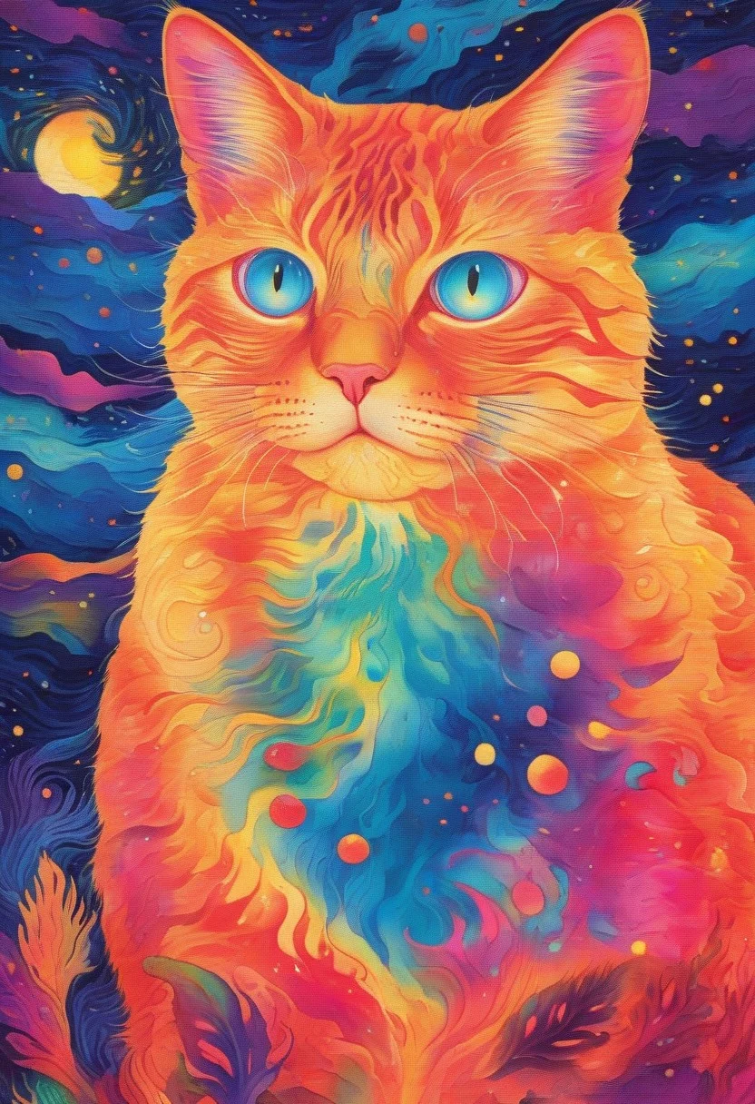 Radiant, big-eyed fluffy cat at night, fishes swim in the background, the cat is dreaming, abstract art by Anne Truitt, Synthetism, psychedelic colors, psychadelicchaos, psychadelic, sharp focus, highly intricate, full color, confident, intricate artistic color, handsome