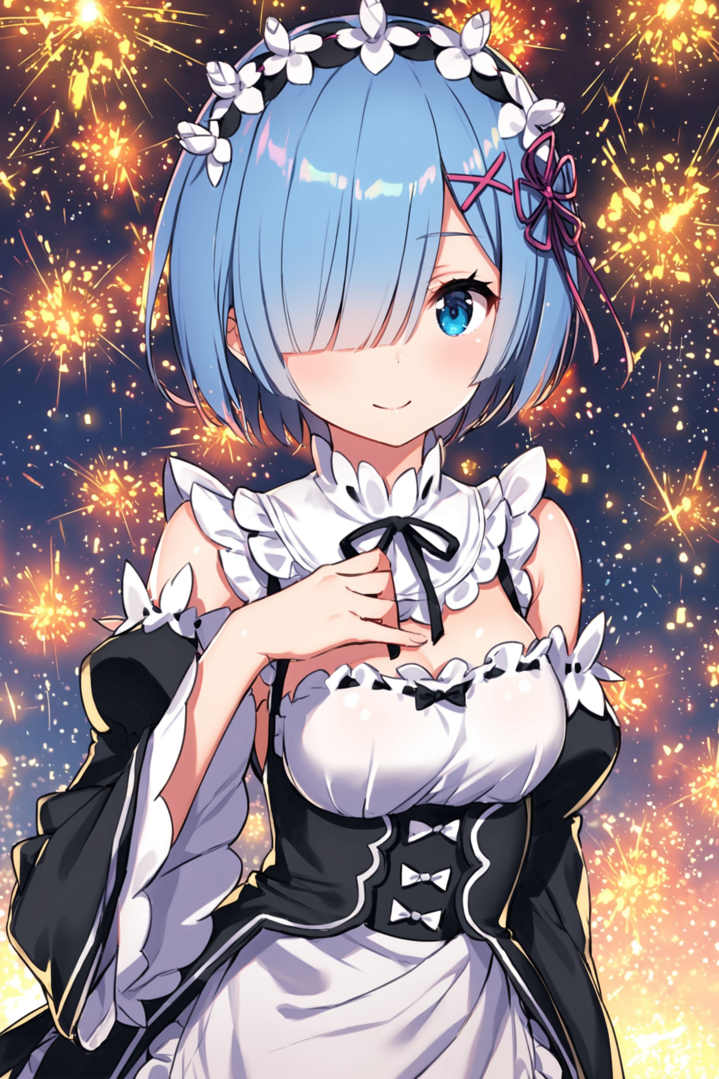 rem (re:zero),1girl,solo,roswaal mansion maid uniform,twins,siblings,short hair,blue hair,blue eyes,maid,ribbon,hair ornament,hair over one eye,smile,looking at viewer,x hair ornament,hair ribbon,black ribbon,maid headdress,white apron,bangs,breasts,small breasts,long sleeves,dress,wide sleeves,standing,shiny,flower,<lora:saitom_XL:0.8>,